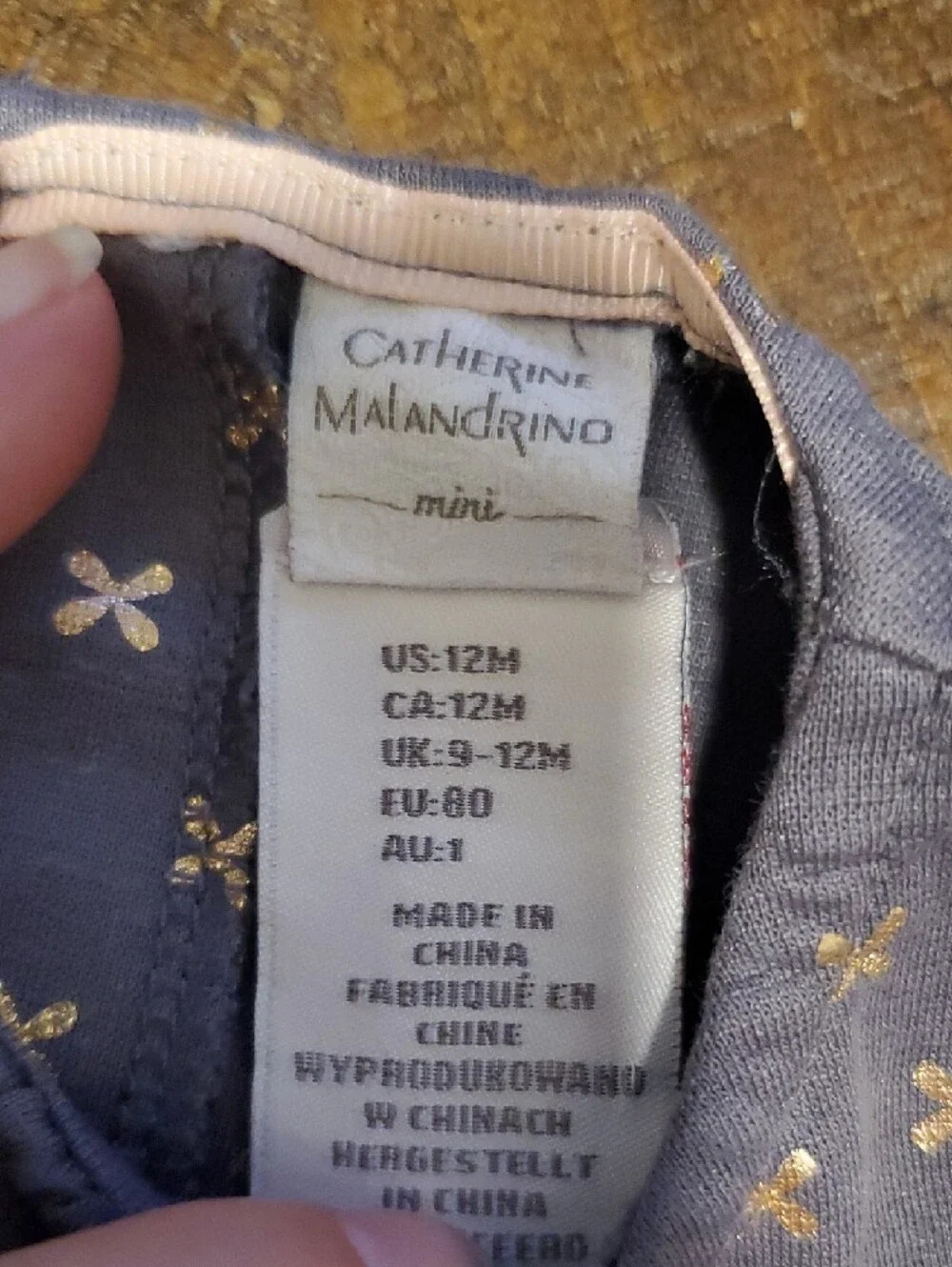 Catherine Malandrino Gray Dress with Pink Bow and Gold Foil